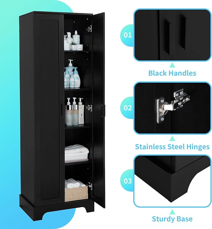 Tall Freestanding Storage Cabinet, Multi-Purpose Floor Organizer with 2 Doors & 5 Adjustable Shelves for Bathroom, Office, Living Room, Black