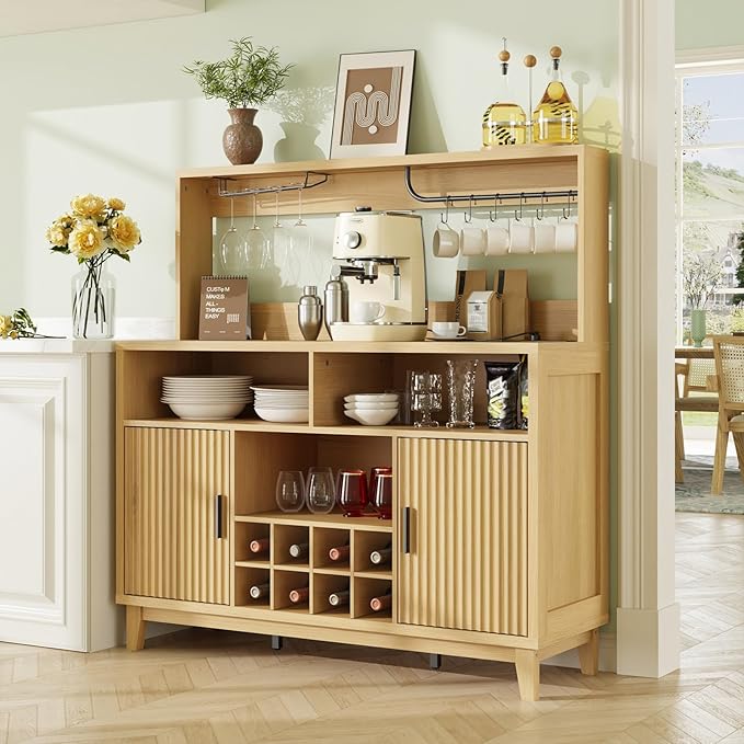 Fluted Buffet Cabinet with Storage, Modern Coffee Bar Cabinet with Outlet, Wine Rack, Cup Holder, Multi-Functional Accent Liquor Cabinet for Living Room, Entryway, Kitchen, Wood