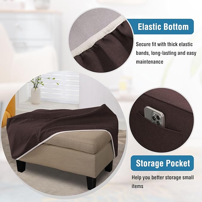 H.VERSAILTEX Soft Sturdy Linen Look Ottoman Cover Rectangle Fit Length 33"-34" Footrest Ottoman Slipcovers for Foot Stool & Folding Storage Furniture with Nonslip Elastic Bottom - Heather Chocolate