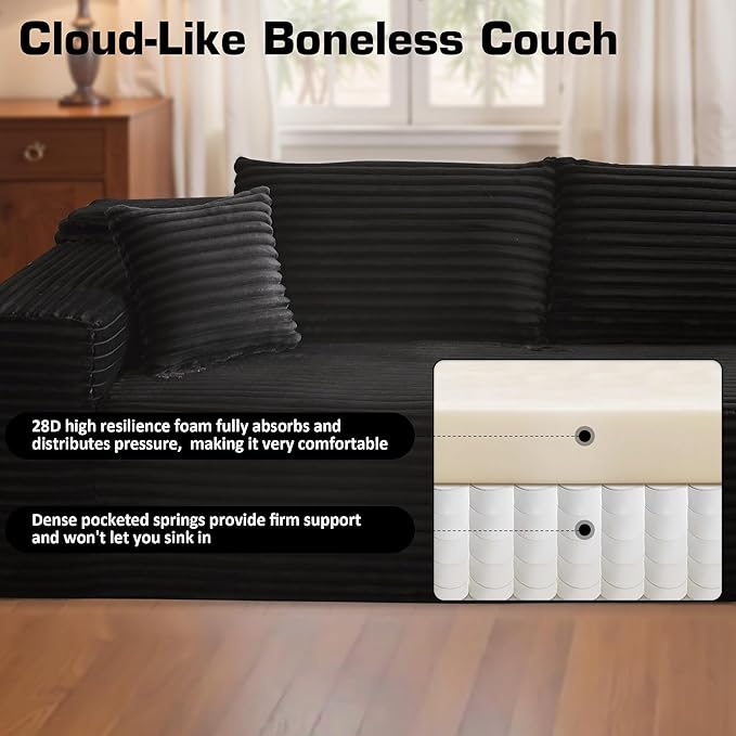 106" Cloud Sectional Couch with Chaise Lounge,L Shaped Modular Modern Sofa,Comfy Corduroy Fluffy Couches with Deep Seat,No Assembly Required Couch for Living Room(Right,Plush Corduroy,Black)
