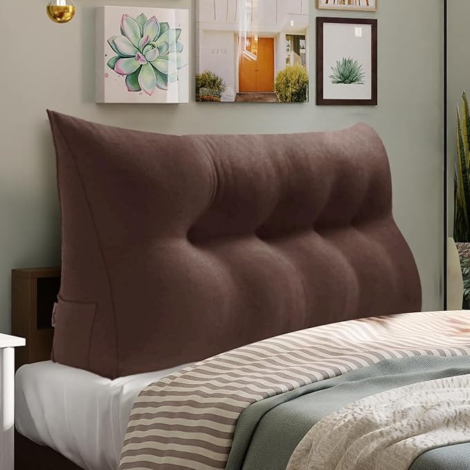 WOWMAX 85% Linen 15% Cotton Blend Headboard Pillow – Twin Size Reading Wedge Backrest for Bed, Handmade Firm Support Bolster Cushion with Removable Cover, Premium Bed Rest Pillow, Brown