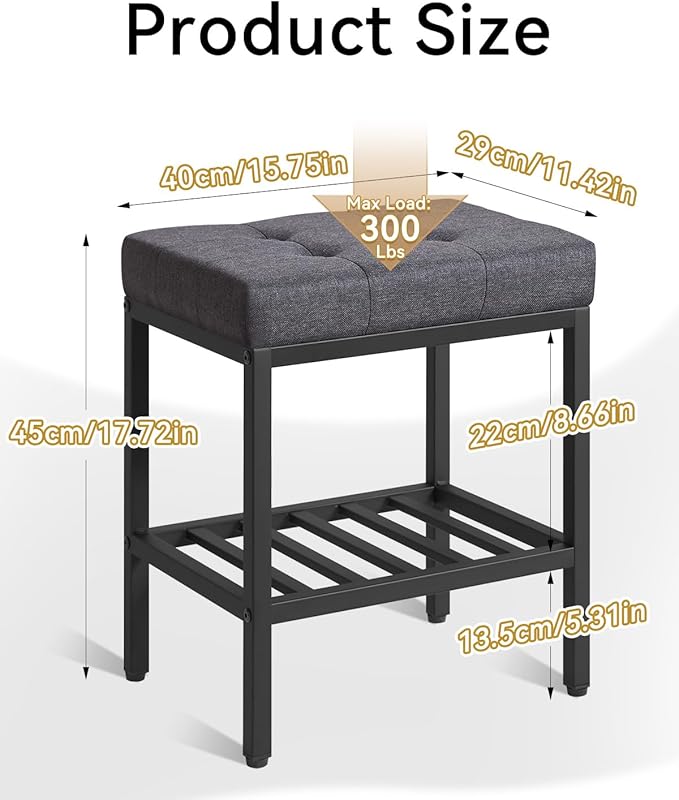 IBUYKE Rectangular Makeup Stool with Adjustable Feet and Storage Space, Footrest Chair, Linen Seat Vanity Stool, Multi-Use as Small Side Table or Ottoman, for Bedroom, Dark Gray WBD017G