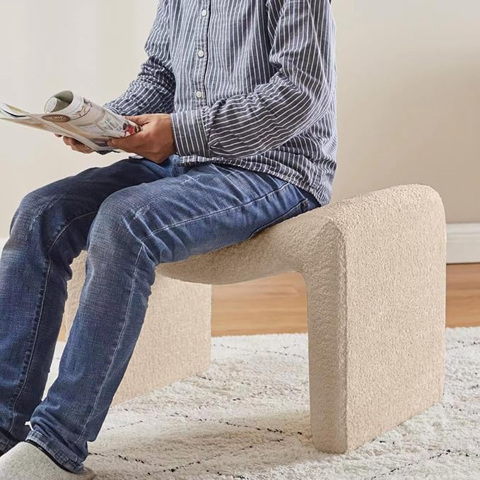 Modern Boucle Ottoman, Vanity Stool Chair, Foot Stool with Wooden Legs Sofa Bench Footstool Extra Seat for Vanity, Makeup Room, Living Room, Entryway, Set 2, Camel