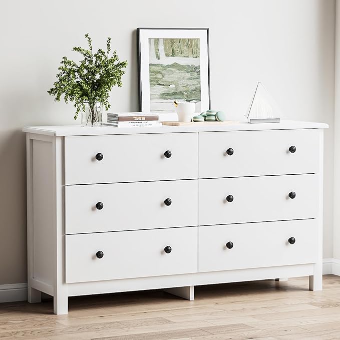 White Dresser, Modern 6 Drawer Double Dresser for Bedroom with Black Knobs, Adults & Kids Wide Dressers & Chests of Drawers for Hallway, Entryway