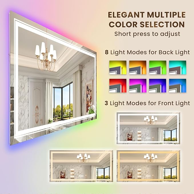 WTTY RGB LED Mirror for Bathroom,72"x40" Large LED Bathroom Mirror with Backlit and Front Light,Stepless Dimmable,Anti-Fog,Lighted Bathroom Vanity Mirror for Wall,Shatterproof,Memory Function