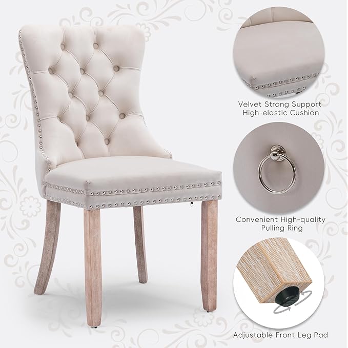 Velvet Upholstered Dining Chairs Set of 2, Modern Style Kitchen Side Chairs with Nailhead Trim and Wood Legs,Metal Pulling Ring for Dining Room Living Room(Beige,Set of 2)
