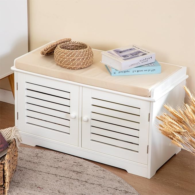 MFSTUDIO Shoe Storage Bench, White Shoe Entryway Bench with Seating Padded Cushion, 2 Doors, Adjustable Shelf, Freestanding Shoe Rack Organizer for Entryway Hallway Living Room Bedroom, Beige Cushion