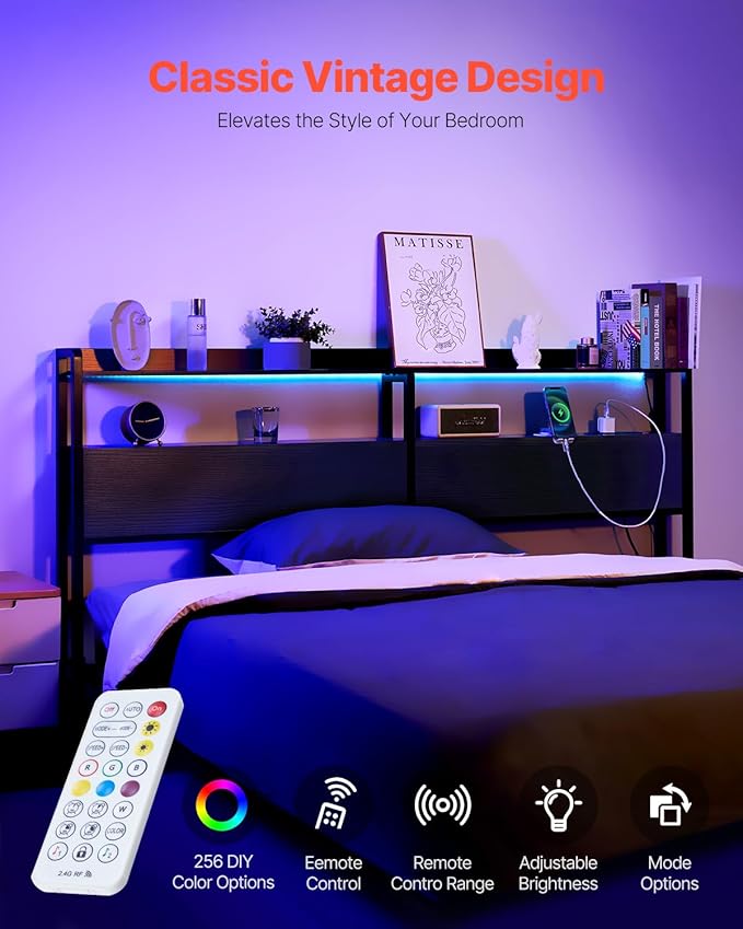 VEVOR Headboard for King Size Bed, Adjustable Height Headboard with 2 Shelves Storage, Freestanding Head Board with Charging Station and LED Light for Different Bed Frames, Easy Assembly, Black