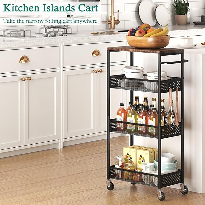 Slim Storage Cart 4 Tier Fruit and Vegetable Baskets for Kitchen Small Space, Narrow Laundry Cart on Wheels with Wooden Top and Metal Handle for Pantry, Bathroom, Laundry Room