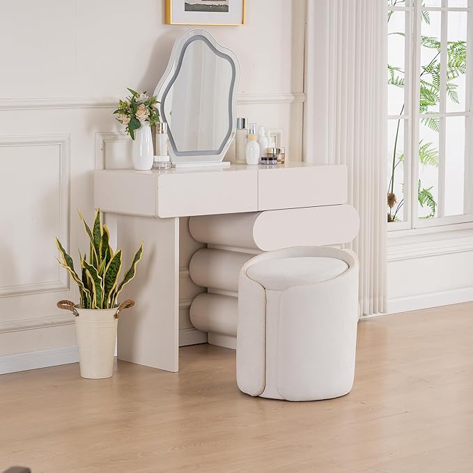Swivel Vanity Stool with Gold Base Comfy Vanity Chair Modern Round Stool for Makeup Vanity Ottoman Foot Rest for Bedroom livingroom, Beige