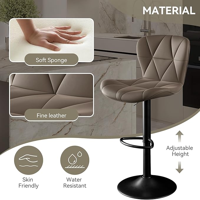 Bar Stools Set of 2,Adjustable Swivel Barstools, Faux Leather Bar Chairs,Upholstered Counter Height with High Backrest for Kitchen Island, Dark Khaki