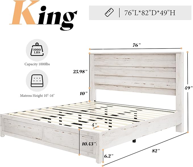 AMERLIFE Farmhouse King Size Bed Frame with 49" Fluted Headboard, Wood Platform Bed with Natural Wood Grain, No Box Spring Needed/Noise Free, Distressed White