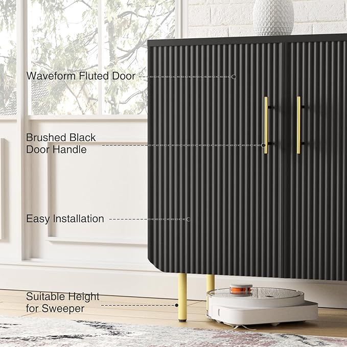 Modern Fluted Black Storage Cabinet with 3 Doors, Adjustable Shelves, and Metal Legs, Accent Buffet Sideboard for Living Room, Dining Room, Entryway (Black & Gold)