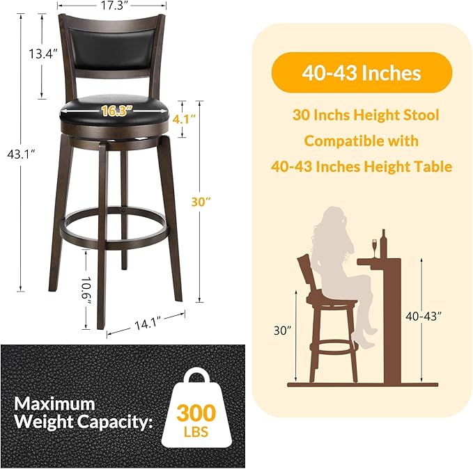 PrimeZone Swivel Bar Stools Set of 3, 30 Inch Bar Height Barstools, Black Faux Leather Bar Stool with High Backrest & Solid Wood Legs & Wrap-Around Footrest, Counter Stools for Kitchen Island, Pub