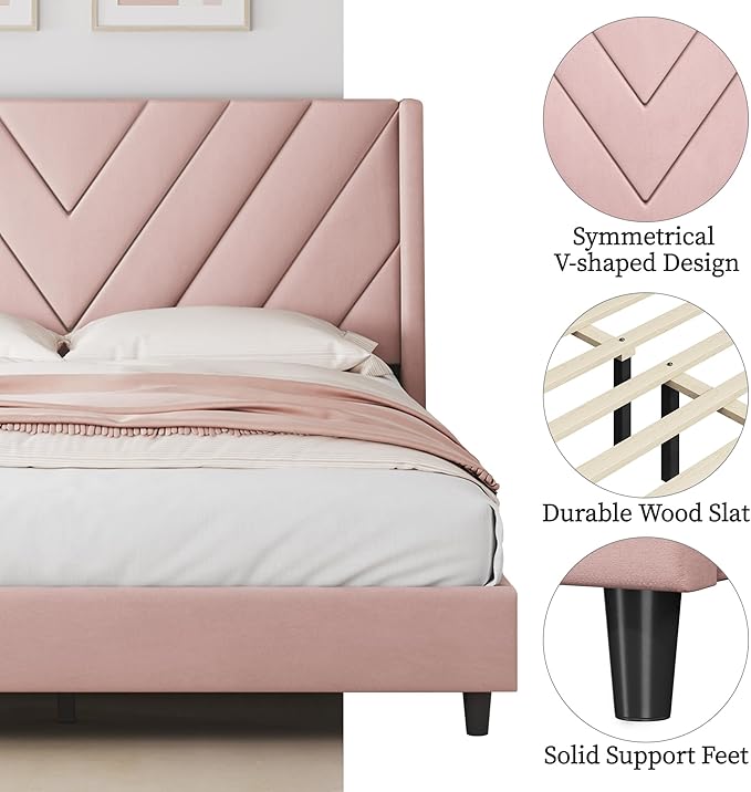 Yaheetech Queen Bed Frame Upholstered Platform Bed with Wing Side/Wooden Slat Support/Tufted Headboard with Wing Side/Mattress Foundation/No Box Spring Needed,Pink Queen Bed