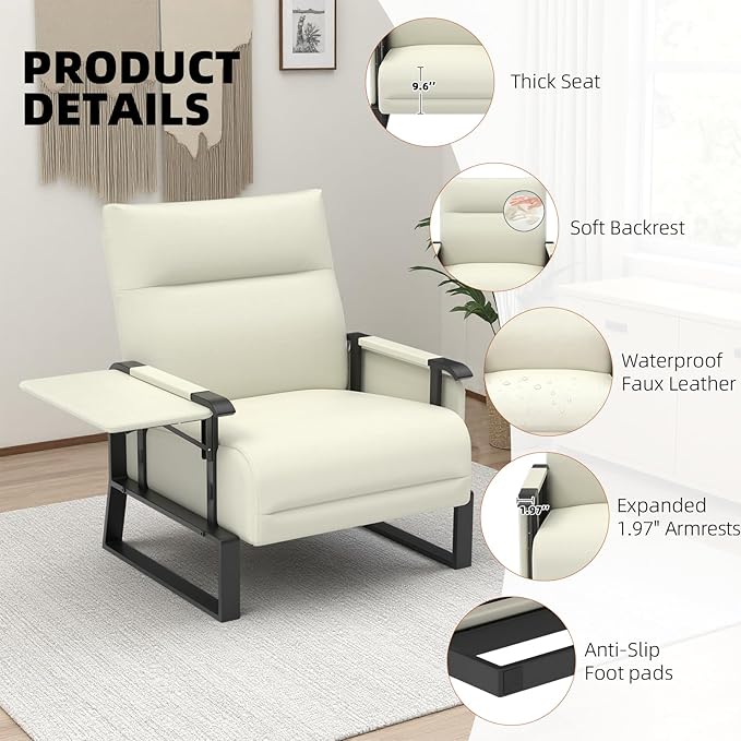 Upholstered Accent Chair, Modern Faux Leather Sofa Chair with Foldable Side Tray Table & Storage Pocket, Small Accent Sofa for Living Room, Bedroom, Reception Room, Beige