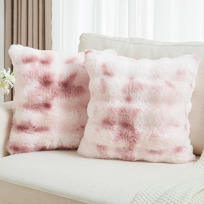 FUTEI Pink White Decorative Throw Pillow Covers 26x26 Inch Set of 2,Soft Fuzzy Faux Rabbit Fur Euro Pillow Shams with Raised Texture,Neutral Boho Home Decor for Couch Bed Living Room