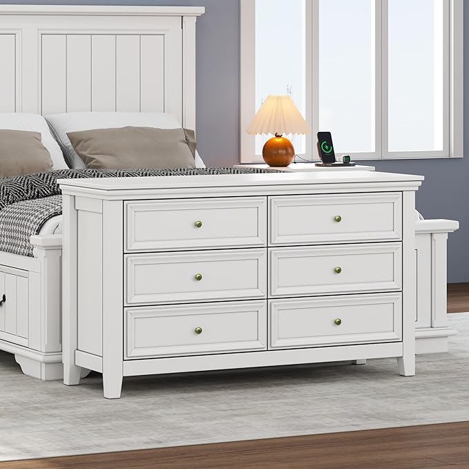BLANKSPACE White 6 Drawer Dresser, Modern Dresser for Bedroom, Wood Drawer Organizer with Metal Knobs, Large Capacity Cabinet for Bedroom, Hallway