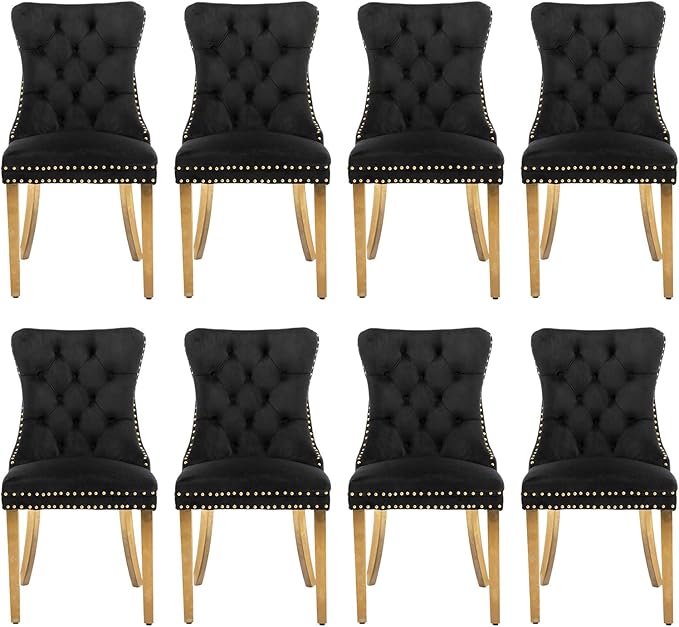 Velvet Upholstered Dining Chairs Set of 8, Modern Style Kitchen Side Chairs with Nailhead Trim and Gold Plated Leg, Metal Pulling Ring for Dining Room Living Room(Black)