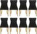 Velvet Upholstered Dining Chairs Set of 8, Modern Style Kitchen Side Chairs with Nailhead Trim and Gold Plated Leg, Metal Pulling Ring for Dining Room Living Room(Black)