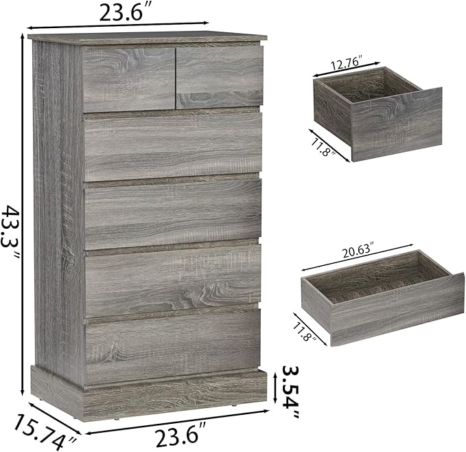 6 Drawers Dresser for Bedroom, 43.3" Tall Dressers & Chests of Drawers, Modern Wood Closet Organizer and Storage Cabinet, Gray Vertical Dresser for Office, Entryway