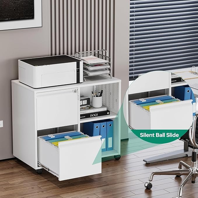 Letaya Mobile File Cabinet, Metal Lateral Rolling Printer Stand Filing Cabinets with Shelves for Home Office-Storage A4/F4/Letter (White)