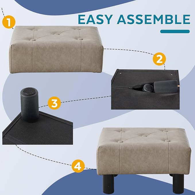 Small Foot Stool Ottoman, Faux Leather Footstool Ottoman Foot Rest for Couch, Rectangle Footstools and Ottomans Small for Living Room, Entryway and Bedroom (Gray)