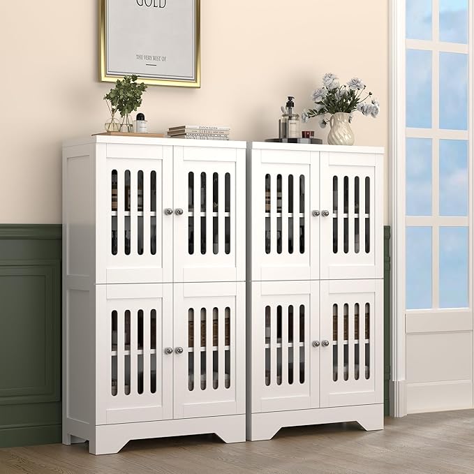 PARTPHONER Bathroom Floor Storage Cabinet with Cabinet Lights, Modern Storage Cabinet with 4 Doors and Adjustable Shelves, Buffer Hinges, White Pantry Cabinet for Living Room & Kitchen
