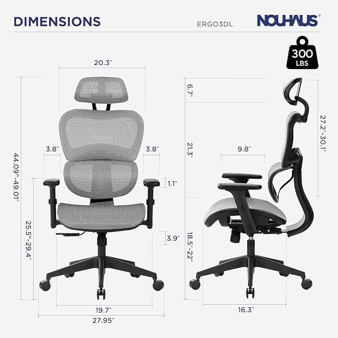 Nouhaus Ergo3dL Home Office Desk Computer Chairs Ergonomic Office Chair High-Back Mesh Rolling Work Chairs with Wheels and Adjustable Headrests Comfortable Lumbar Support Adjustable Armrests,Gray