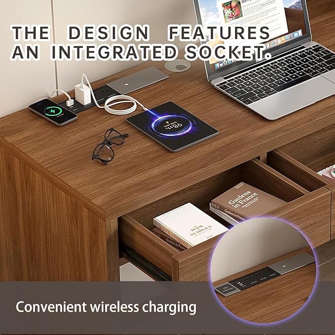 Executive Desk with Drawers, Computer Desk with Drawers with Pre-Embedded Slots, 47 inch Modern Walnut Home Office Desk with Charging Station for Study, Living Room, Bedroom