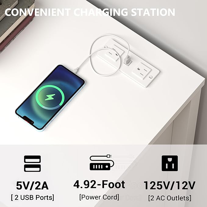 Dresser for Bedroom with 6 Drawers, Wide Chest of Drawers with LED Light and Power Outlet, Wooden Closet Organizer Clothes Storage Cabinet, Modern Double Dressers for Living Room, Hallway, White