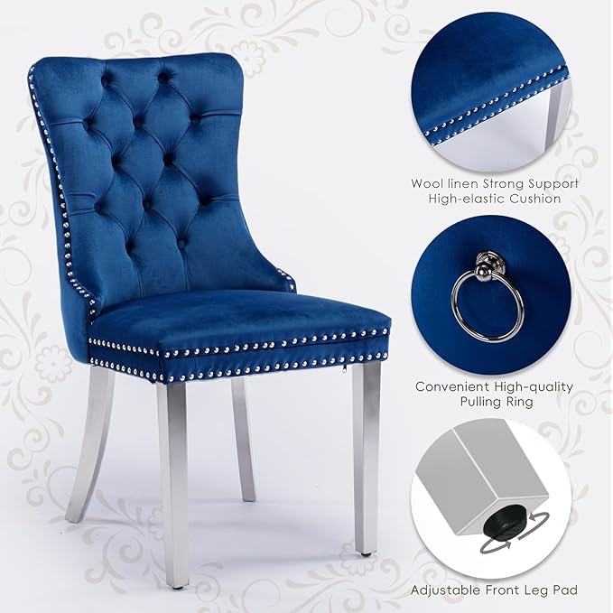 Velvet Upholstered Dining Chairs Set of 8, Modern Style Kitchen Side Chairs with Nailhead Trim and Silver Plated Leg, Metal Pulling Ring for Dining Room Living Room(Blue)