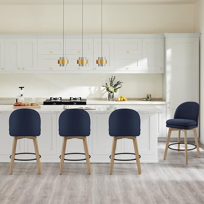 Counter Height Barstools 26 inch Upholstered Swivel Bar Stools with Back and Wood Legs for Kitchen Island,Set of 4,Blue Fabric-Armless