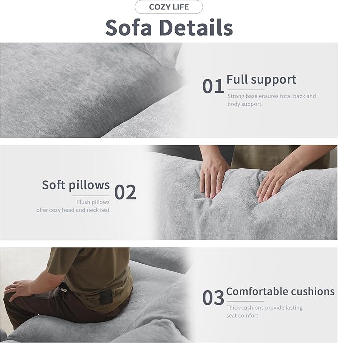 WJShome Cloud Sectional Couches for Living Room,100.5" Convertible Love Seat, 3 Seater Modular Sectional Sofa,Deep Seater Furniture Sets,Gray