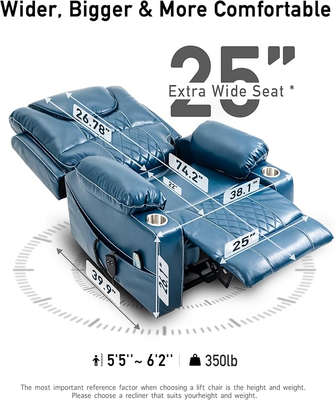 Oversized Lazy Boy Recliner Chair, 2 Motor Leather Recliner, Nursing Lift Chair with Massage and Lumbar Heating, Functional Adult Power Recliner with Cup Holders