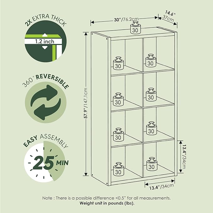 Furinno Cubicle Book Shelf, 8-Cube Thick Frame Bookshelf, Horizontally & Vertically Reversible Bookcase with Open Back, 14.6" x 30" x 57.9", for Living Room, Bedroom, Home Office, Sage Green