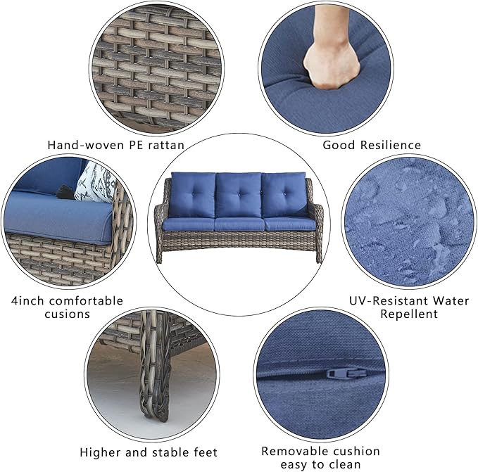 HUMMUH 7pcs Patio Furniture Set Swivel Rocker Patio Chairs,PE Wicker Outdoor Sofa Set of 2 with Coffee Table and Ottomans(Grey,Blue)