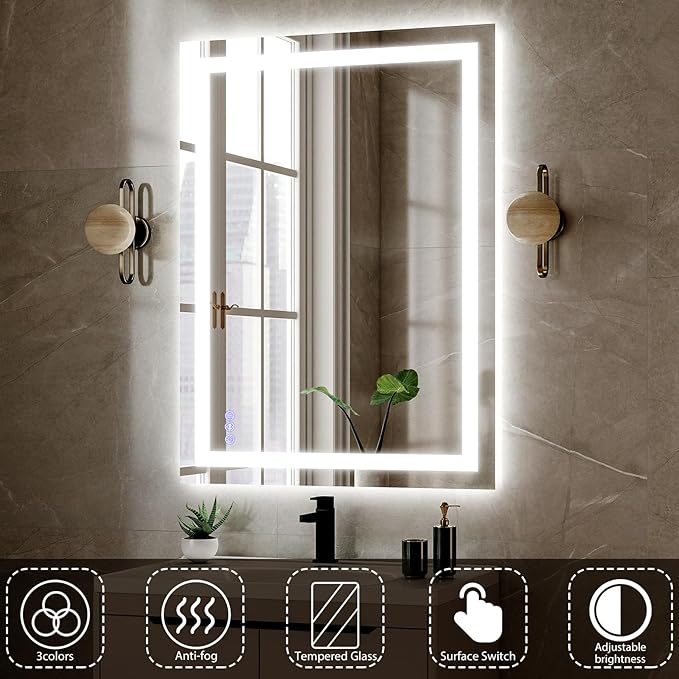 VooBang LED Bathroom Mirror 26 x 38 inches - 3 Adjustable Lighting Modes Lighted Smart Bathroom Vanity Mirror, Anti-Fog, Memory Function, Tempered Glass, Wall Mounted Horizontally Vertically