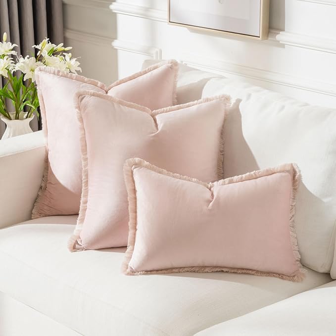 FUTEI Pink Velvet Decorative Throw Pillow Covers 18x18 Set of 2,Soft Cozy Edge with Tassels Cushion Case,Boho Modern Home Decor for Couch Bed Living Room