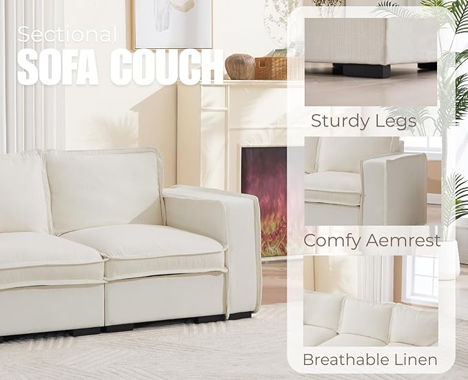 EALSON 67" Sectional Couch Modern Love Seat with Ottoman Modular Cloud Sofa with Deep Seat Comfy Linen Loveseat Sofa Convertible L Shaped Couches 2 Seater Couch for Living Room/Bedroom, White