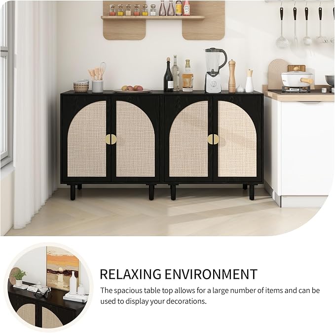 Black Rattan Cabinet-2-Doors,Sideboard Buffet Cabinet with Storage-Accent Storage Cabinet with Cane Door, Boho Wood Credenza for Living Room, Kitchen (Black Set 2)