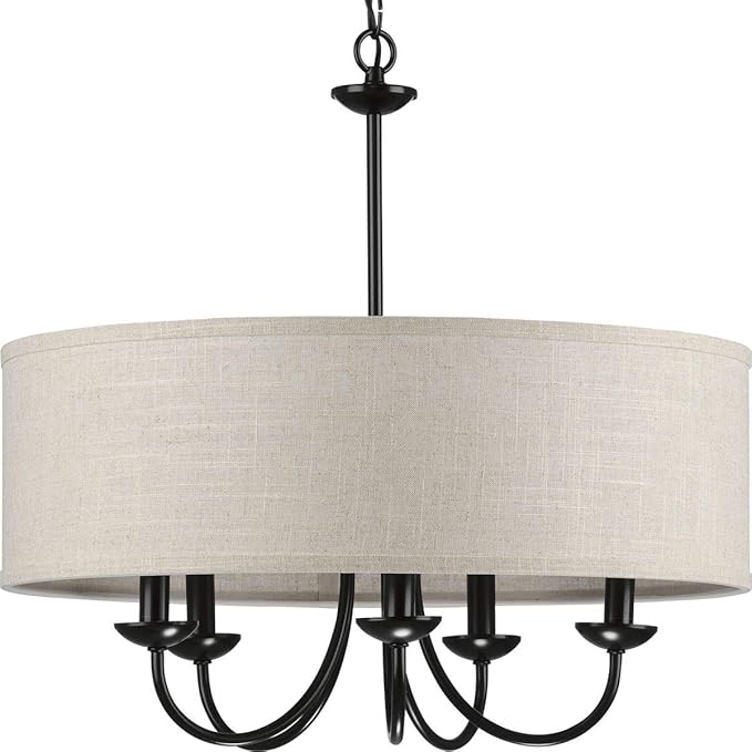 Progress Lighting Drum Shade Collection Five-Light Chandelier, Farmhouse Style Hanging Ceiling Light Fixture for Dining Rooms, Foyers, Harvest Linen Shade, Matte Black