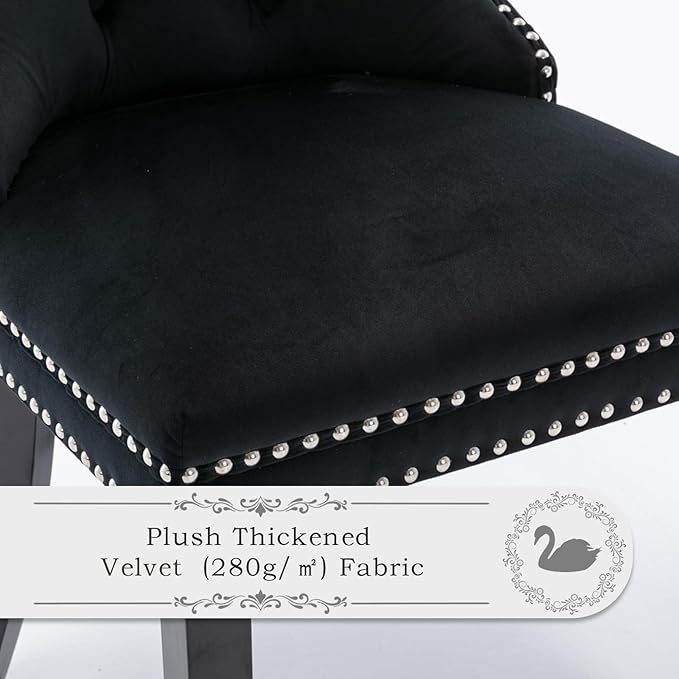 Velvet Upholstered Dining Chairs Set of 2, Modern Style Kitchen Side Chairs with Nailhead Trim and Wood Legs,Metal Pulling Ring for Dining Room Living Room(Black,Set of 2)