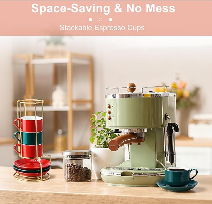 3 Ounce Espresso Cups Set of 4, Stackable Demitasse Mugs, Includes Display Stand, Cups Saucers & Spoons, for Machines & Home Use, Red Green Gold Tone