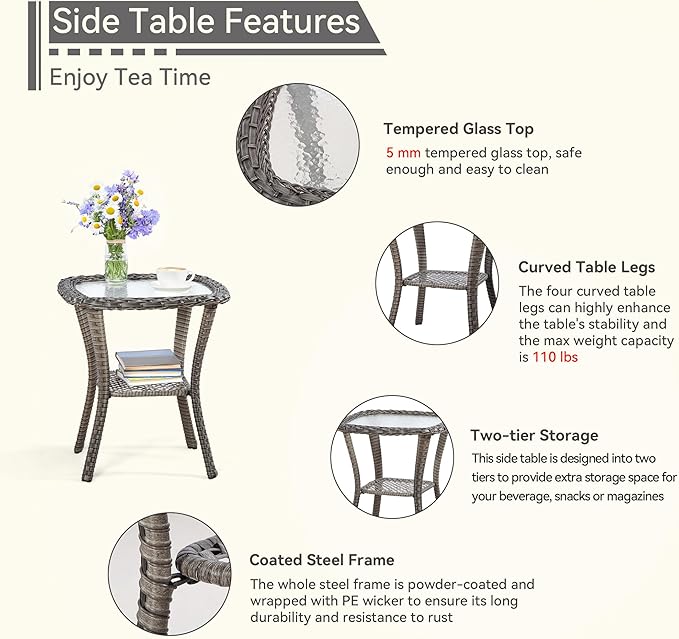 5 Pieces Patio Conversation Set, Wicker Chairs Set of 2 and Two Ottomans with 3.5-inch Seat Cushions, 1 Side Table High Back and Curved Armrest for Backyard, Balcony and Deck, Beige