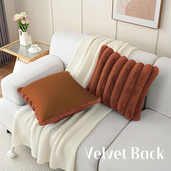 FUTEI Rust Decorative Throw Pillow Covers 18x18 Inch Set of 2, Square Soft Faux Rabbit Fur Big Striped Cushion Cover,Home Decor for Couch Sofa Bed Living Room