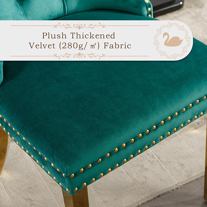 Velvet Upholstered Dining Chairs Set of 2, Modern Style Kitchen Side Chairs with Nailhead Trim and Gold Plated Leg, Metal Pulling Ring for Dining Room Living Room(Green,Set of 2)