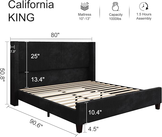 HOWE California King Size Upholstered Bed Frame, Wingback Platform Bed with 50.8" Headboard, Corduroy/Solid Wood Leg/No Box Spring Needed/Noise Free/Black