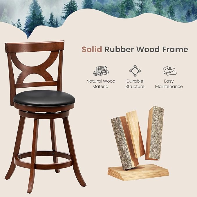 COSTWAY Bar Stools Set of 4, 360-Degree Swivel Chairs with Soft Cushion & Elegant Hollow Backrest, Rubber Wood Footrests, Upholstered Swivel Counter Stools for Kitchen Island, Pub, Café (4, 24‘’)