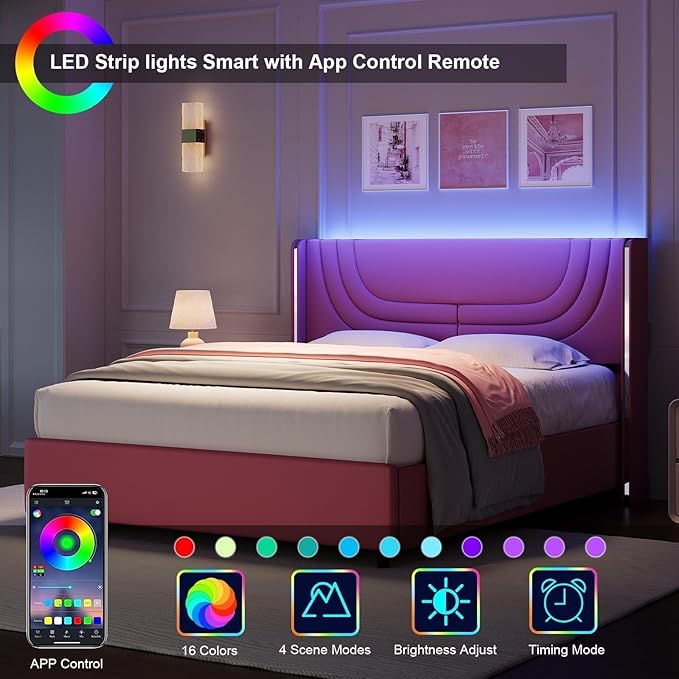 Queen Bed Frame with LED Lights, Faux Leather Upholstered Bed with Wingback Headboard, Modern Bed Frame, No Box Spring Needed, Easy Assembly, Pink